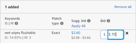 A screenshot showing Amazon keyword bid selection