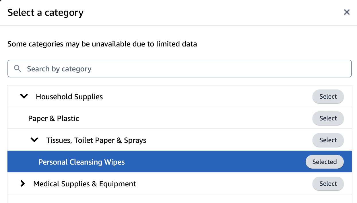 Choosing the category for the brand metrics tool